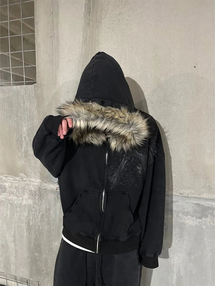 Y2K Fur-Hooded Hoodie