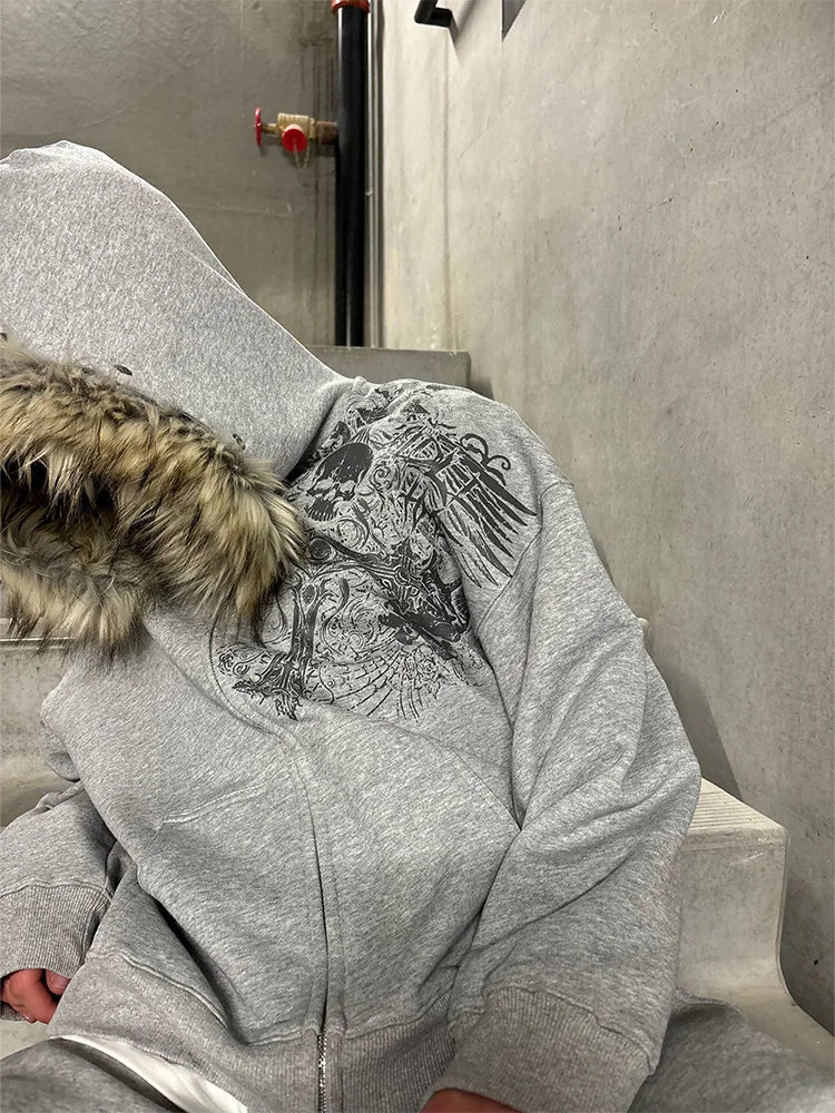 Y2K Fur-Hooded Hoodie