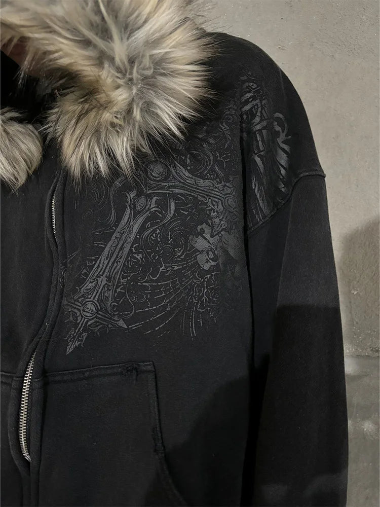 Y2K Fur-Hooded Hoodie